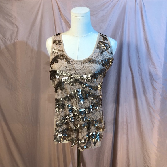 Rue21 Beige Lace Sequin Sleeveless Tank Shirt Size Medium Large - Picture 6 of 8